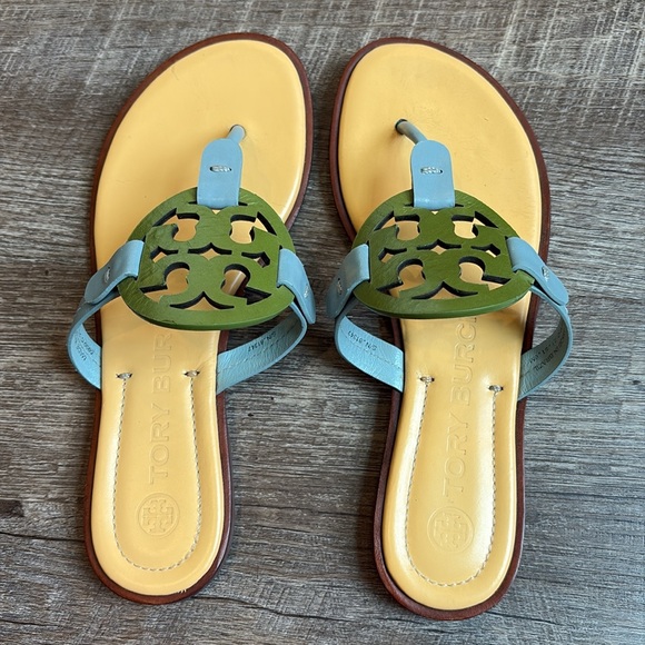 Tory Burch Miller T Strap Sandals Women’s 6M Green & Blue Leather - Picture 6 of 12